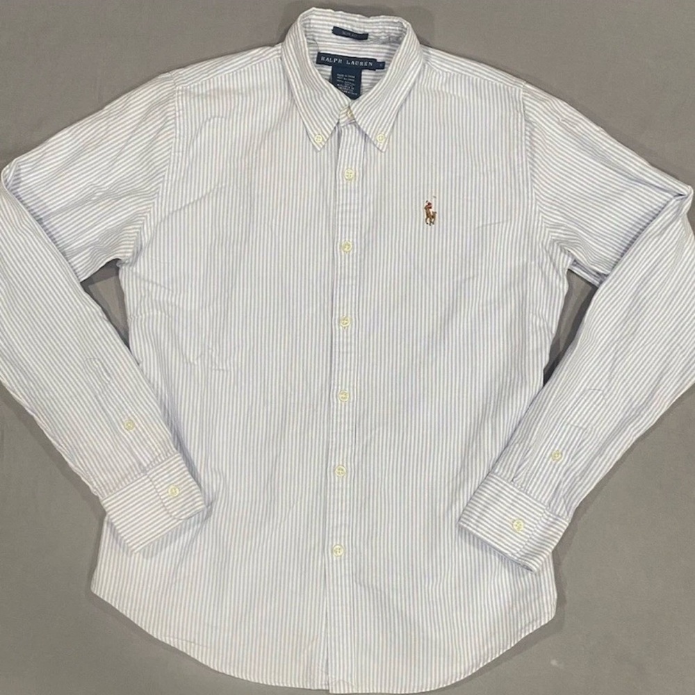 Ralph Lauren Womens Shirt Sz 6 Blue Pinstripe Oxford Slim Fit Preppy Old Money